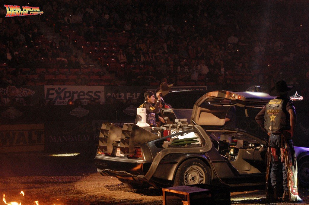 DeLorean Time Machine rental driver Silvano Alves expertly drives the Back to the Future temporal displacement vehicle at the Professional Bull Riders Championship in Las Vegas, Nevada.