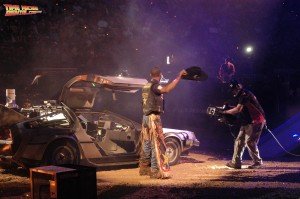 Valdiron de Oliveira tips his hat after exiting the DeLorean Time Machine rental car at the PBR Championships in Las Vegas, Nevada.