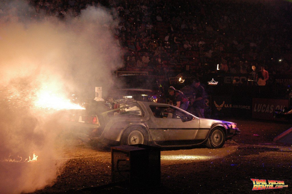 Our DeLorean rental has participated in amazing pyrotechnic events! The Professional Bull Riders championship pyro team shot long flames from out of our temporal exhaust vents in this picture!