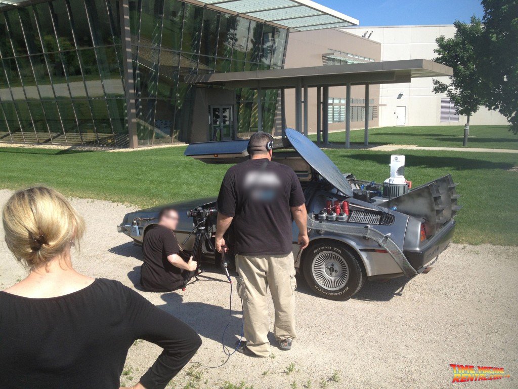 The crew works on filming the interior of the Back to the Future rental for the Doc Brown fueled video shoot.