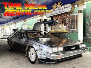 The DeLorean Time Machine from Back to the Future gets rented for all sorts of events -- drive-through wedding chapels included!