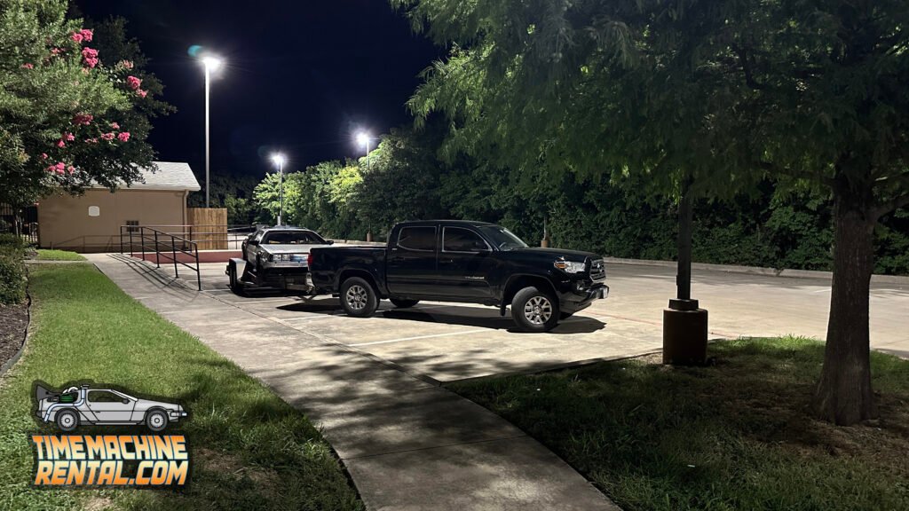 After a hard day entertaining time travelers, the Texas DeLorean time machine rental is back on the road and ready to surprise folks at its next event.