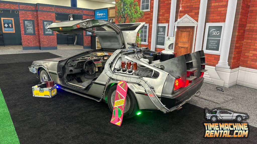 Up-close shot of our Back to the Future DeLorean Time Machine replica at the AAPG booth in the George R. Brown Convention Center.