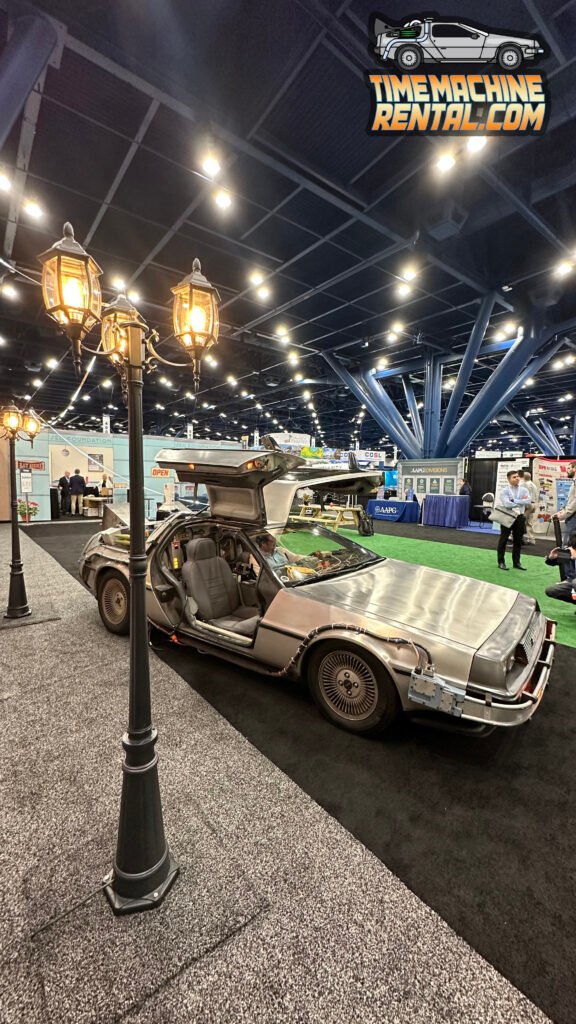 Wide angel shots with the backdrop of the George R. Brown convention center AAPG event in Houston, Texas featuring our rentable DeLorean Time Machine replica.