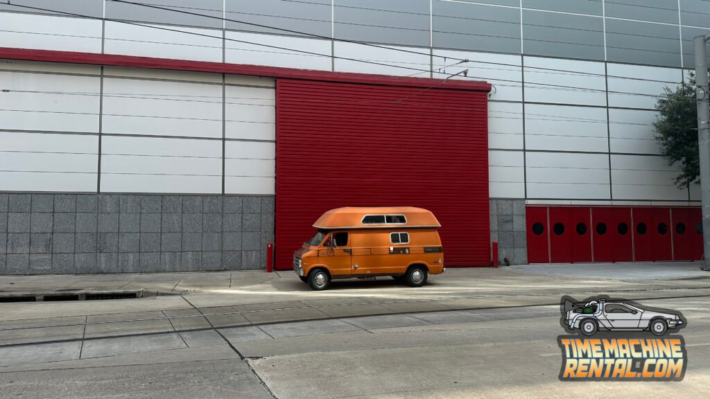 The screen-used 1979 Dodge Tradesman “Uncle Rico Van” awaits entry into the Houston, Texas based George R. Brown Convention Center for Comicpalooza event set-up.